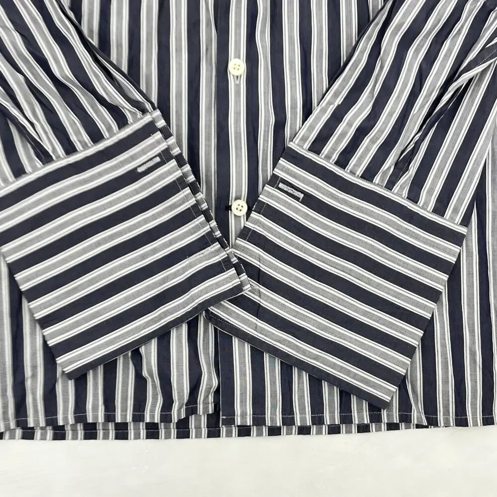 Banana Republic Mens XL(17-17.5) Slim Fit‎ Dress Shirt Navy Gray Striped Cotton
